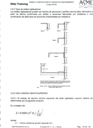 j
r.
•í
•
•
DISEÑO Y CONSTRUCCION DE TANQUES DE ALMACENAMIENTO
Elite Training cooigo AP1 6so
:S l TTING THf ST AN D A MD
'''º - - - 'ºº'
3.9.2 Tipos de anillos rigidizadores.
Los anillos rigidizadores pueden ser hechos de secciones o perfiles estructurales, fabricados a
partir de lámina conformada por doblez o secciones fabricadas por soldadura o una
combinación de tales tipos de secciones ensambladas por soldadura.
:JI.,.....
Hll
_j_
T1111
NoW nte ~ "'OdlUll gh4n 4n T.ole 3~20 ter o.tala e ond date
_ .,., .... _1eg b91rig icx.1ec1 _ _ c - _o0
- -) -~ - .,._,1og11..,. .....,_
Figure 3-20-Typicat S tiffenong-Ring SectionS for Tank
01f Shells (See Table 3· 20)
3.9.6 VIGA CONTRA VIENTO SUPERIOR.
3.9.6.1 El módulo de sección mínimo requerido del anillo rigidizador superior deberá ser
determinado por la siguiente ecuación:
En unidades US:
donde:
Z = mínimo módulo de sección requerido (in3) .
www.hidrocarburos.com.co @ Copyright 2007-11 por J. Restrepo Pag.: 33 de: 56
 