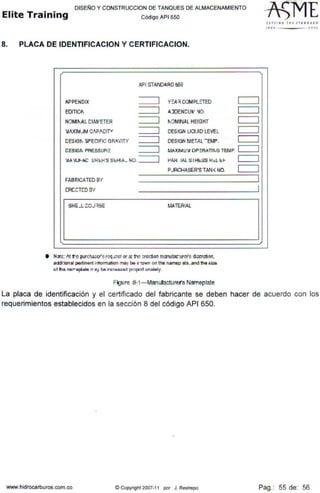 DISEÑO Y CONSTRUCCION DE TANQUES DE ALMACENAMIENTO
Elite Training código API sso
8. PLACA DE IDENTIFICACION Y CERTIFICACION.
AFI STANDARD 650
APPENDIX ~ y ~:¡ OOMPL::TED C=:J
EDITIOI ~ AJDENCU~1
1.JO. C=::J
NOMlfAL CIA~1 ETER ~ fOMINAL HEIGHT C=::J
4AXIMJM C:Pi'.CffV ===:J DESIGN UOUID LEVEL C=::J
CESICI SPECIFIC GR.6>'ITY ===:J DESION r.1ETAL -EMP. C=::J
C:ESIGI PRESSUA=: ===:J MAX11111U.... OP=:RATilG TEl'.1P. C=::J
'.1AJUl-AC UHl:r."S S~_ NO. ===:J 1-'AH IAL SIHl::iiS H:.L 1::1-
PJRCHASER'STAN< NO.
FAE!RICATED BY
CRC~TCD 13'1
SHE_L ::OJ ~SE MATERIAL
• N:>te:lit'to purcha¡;cr'$req~ or;u1hc ~ction manu1ru::urcr'$di~crelion .
ad:li:ion31 pertlnent lrdorma!ian ma• be .E "l:IWn on t he namep 3l3 . and 1he sil.a
ot 1ha nsr-aplala rrs'/ ha inetasaa!I Fmport ona taly.
Rgure 8-1 - Manufacturer's Nameplate
SET tl ll ' rltl JTANDA~D
'''º. 2 00 J
La placa de identificación y el certificado del fabricante se deben hacer de acuerdo con los
requerimientos establecidos en la sección 8 del código API 650.
www.hidrocarburos.com.co © Copyright 2007-11 por J. Restrepo Pag.: 55 de: 56
 