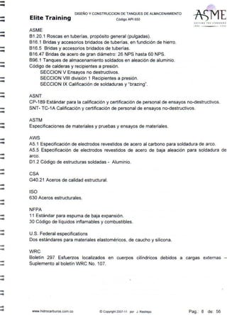 -....
--
--
-...
--
--
-...
--
---
-...
....
-
--......
...
-
-
---..
-~
DISEÑO Y CONSTRUCCION DE TANQUES DE ALMACENAMIENTO
Elite Training c ódigo AP1 sso
ASME
81 .20.1 Roscas en tuberías, propósito general (pulgadas).
B16.1 Bridas y accesorios bridados de tuberías, en fundición de hierro.
B16.5 Bridas y accesorios bridados de tuberías.
B16.47 Bridas de acero de gran diámetro: 26 NPS hasta 60 NPS.
B96.1 Tanques de almacenamiento soldados en aleación de aluminio.
Código de calderas y recipientes a presión.
SECCION V Ensayos no destructivos.
SECCION VIII división 1 Recipientes a presión.
SECCION IX Calificación de soldaduras y "brazing".
ASNT
S l TTI N ~ f ff ( sr A.N D ~ «D
1110 .J O OJ
CP-189 Estándar para la calificación y certificación de personal de ensayos no-destructivos.
SNT- TC-1A Calificación y certificación de personal de ensayos no-destructivos.
ASTM
Especificaciones de materiales y pruebas y ensayos de materiales.
AWS
AS.1 Especificación de electrodos revestidos de acero al carbono para soldadura de arco.
A5.5 Especificación de electrodos revestidos de acero de baja aleación para soldadura de
arco.
01 .2 Código de estructuras soldadas - Aluminio.
CSA
G40.21 Aceros de calidad estructural.
ISO
630 Aceros estructurales.
NFPA
11 Estándar para espuma de baja expansión.
30 Código de líquidos inflamables y combustibles.
U.S. Federal especifications
Dos estándares para materiales elastoméricos, de caucho y silicona.
WRC
Boletín 297 Esfuerzos localizados en cuerpos cilíndricos debidos a cargas externas -
Suplemento al boletín WRC No. 107.
www.hidrocarburos.com.co © Copyright 2007-11 por J. Restrepo Pag.: 8 de: 56
 