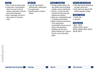 Plan overview 	
<
Applicable Seals & Systems	
<
Drawings 	
<
Plan 02	
<
Remarks, checkpoints
•	The vapor pressure margin in the
seal chamber must be considered
carefully in order to avoid flashing.
•	Provide a 12 o’clock vent when
used with horizontal pumps with
cylindrical seal chambers.
•	Always use a cooling/heating jacket
for cylindrical seal chambers.
•	Regular maintenance and cleaning
of the cooling jacket is
recommended as they are prone to
fouling in high temperature
applications and also tend to
become ineffective over a period of
time due to poor cooling water
quality.
Application
•	Large bore seal chambers,
preferably with a cooling jacket.
•	Low speed pumps.
•	Generally popular in chemical
industry.
Features
•	Does not need any external piping.
•	Cooling water or low temperature
steam can be used in the seal
chamber cooling jacket to decrease
seal chamber temperature.
•	Used in combination with Plan 62
steam quench for hot process
media.
Pump media characteristics
•	Clean fluids with low temperatures
and higher specific heat.
•	Fluids which have adequate PTM
(product temperature margin).
Location, function
•	Process side
•	Lubrication
Configurations
1CW-FL, 1CW-FX,
2CW-CW, 2CW-CS, 2NC-CS,
3CW-FB, 3CW-BB, 3CW-FF, 3NC-FB,
3NC-BB, 3NC-FF
 