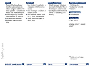 Plan overview 	
<
* Possible, see remark on page
>plan overview.
Pump media characteristics
•	High temperature
•	Leakage may form solids
•	Cryogenic
Location, function
•	Atmospheric side
Configurations
1CW-FL, 1CW-FX
2CW-CW*, 3CW-FB*, 3CW-BB*,
3CW-FF*
Remarks, checkpoints
•	It has to be ensured that a close
clearance throttle bush is fitted on
the atmospheric side of the seal.
•	Quench pressure to be maintained
between 0.2 to 0.3 barg (2.9 to
4.3 PSIG).
Application
•	Used with steam to avoid coking or
crystallization in hot hydrocarbon
services.
•	Used with nitrogen to avoid icing in
cryogenic services.
•	Used for services that tend to salt
out e.g, caustic and salt services.
•	Applied at horizontal as well as
vertical pumps.
Features
•	The quench fluid cools the seal
faces from underneath and also
reduces coking and oxidation of the
media by creating a barrier between
the seal faces and the atmosphere.
•	Flushes away built-up material or
solids underneath the seal faces.
•	Uses water, steam or nitrogen.
•	Applied with or without quench
baffle.
Plan 62	
<
Applicable Seals & Systems	
<
Drawings 	
<
 