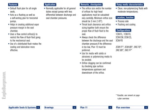 Plan overview 	
<
* Possible, see remark on page
>plan overview.
Pump media characteristics
•	Clean, non-polymerizing fluids with
moderate temperatures.
Location, function
•	Process side
•	Flushing and cooling
Configurations
1CW-FL, 1CW-FX,
2CW-CW, 2CW-CS,
3CW-FB
3CW-FF*, 3CW-BB*, 3NC-FB*,
3NC-BB*, 3NC-FF*
Remarks, checkpoints
•	The orifice size and/or the number
of orifices for high head
applications must be calculated
very carefully. Minimum orifice size
should be 3 mm (1/8").
•	Throat bush clearance and orifice
sizing together both ensure the
proper flow of flush fluid to the
seal.
•	Always check the difference
between the discharge and the seal
chamber pressure.If the difference
is too low, Plan 13 must be
preferred.
•	Use for media with solids or
abrasives or polymerizing media to
be avoided.
•	Orifice clogging can be confirmed
by checking pipe surface
temperatures upstream and
downstream of the orifice.
Application
•	Normally applicable for all general
duties except pumps with less
differential between discharge and
seal chamber pressures.
Features
•	Default flush plan for all single
seals.
•	Acts as a flushing as well as
a self-venting plan for horizontal
pumps.
•	Helps in creating additional vapor
pressure margin in the seal
chamber.
•	Uses a flow control orifice(s) to
restrict the flow of flush fluid going
to the mechanical seal.
•	Use of a distributed flush makes the
cooling and lubrication more
effective.
Plan 11	
<
Applicable Seals & Systems	
<
Drawings 	
<
 