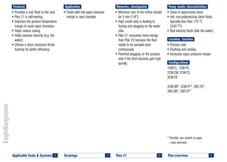 Plan overview 	
<
* Possible, see remark on page
>plan overview.
Pump media characteristics
•	Close to vaporization point.
•	Hot, non-polymerizing clean fluids
typically less than 176 °C
(349 °F).
•	Bad lubricity fluids (like hot water).
Location, function
•	Process side
•	Flushing and cooling
•	Increases vapor pressure margin
Configurations
1CW-FL, 1CW-FX,
2CW-CW, 2CW-CS,
3CW-FB
3CW-BB*, 3CW-FF*, 3NC-FB*,
3NC-BB*, 3NC-FF*
Remarks, checkpoints
•	Minimum size of the orifice should
be 3 mm (1/8").
•	High cooler duty is leading to
fouling and plugging on the water
side.
•	Plan 21 consumes more energy
than Plan 23 because the fluid
needs to be pumped back
continuously.
•	Potential plugging on the process
side if the fluid viscosity gets high
quickly.
Application
•	Fluids with low vapor pressure
margin in seal chamber.
Features
•	Provides a cool flush to the seal.
•	Plan 21 is self-venting.
•	Improves the product temperature
margin to avoid vapor formation.
•	Helps reduce coking.
•	Helps improve lubricity (e.g. hot
water).
•	Utilizes a close clearance throat
bushing for better efficiency.
Plan 21	
<
Applicable Seals & Systems	
<
Drawings 	
<
 