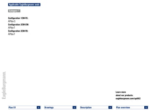Plan overview 	
<
Learn more
about our products:
eagleburgmann.com/api682
Description 	
<
Drawings 	
<
Plan 01 	
<
Applicable EagleBurgmann seals
Category 1
Configuration 1CW-FX:
APItex-S
Configuration 2CW-CW:
APItex-T
Configuration 3CW-FB:
APItex-T
 