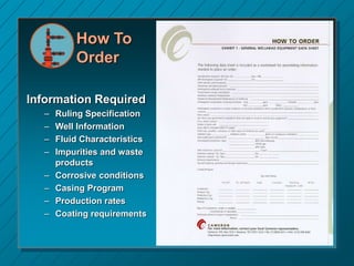 How To
Order
Information Required
– Ruling Specification
– Well Information
– Fluid Characteristics
– Impurities and waste
products
– Corrosive conditions
– Casing Program
– Production rates
– Coating requirements
 