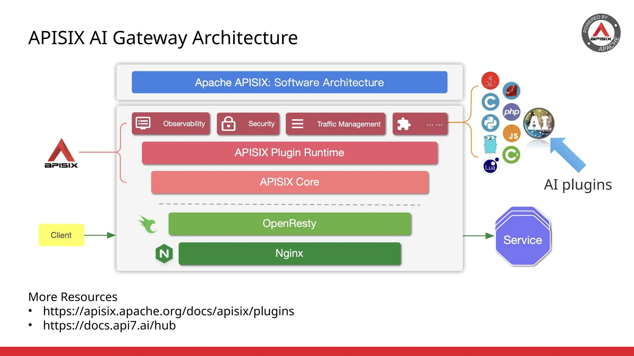 AI plugins
APISIX AI Gateway Architecture
More Resources
• https://apisix.apache.org/docs/apisix/plugins
• https://docs.api7.ai/hub
 