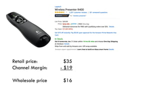 Retail price: $35
Channel Margin: - $19
Wholesale price $16
 
