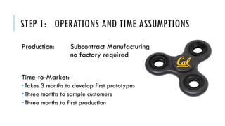 STEP 1: OPERATIONS AND TIME ASSUMPTIONS
Production: Subcontract Manufacturing
no factory required
Time-to-Market:
­Takes 3 months to develop first prototypes
­Three months to sample customers
­Three months to first production
 