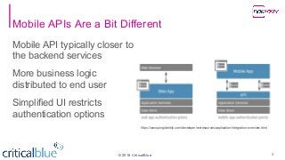 ©2018 CriticalBlue
Mobile APIs Are a Bit Different
Mobile API typically closer to
the backend services
More business logic
distributed to end user
Simplified UI restricts
authentication options
3
https://www.pingidentity.com/developer/en/resources/application-integration-overview.html
 