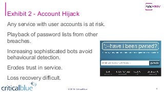 ©2018 CriticalBlue
Exhibit 2 - Account Hijack
Any service with user accounts is at risk.
Playback of password lists from other
breaches.
Increasing sophisticated bots avoid
behavioural detection.
Erodes trust in service.
Loss recovery difficult.
8
 