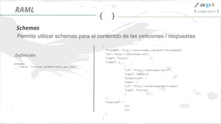 Síguenos en @apiaddicts
Permite utilizar schemas para el contenido de las peticiones / respuestas
schemas:
- Users: !include schemas/users_get.json
Definición
Schemas
RAML
{
"$schema": "http://json-schema.org/draft-04/schema#",
"id": "http://jsonschema.net",
"type": "array",
"items": [
{
"id": "http://jsonschema.net/0",
"type": "object",
"properties": {
"name": {
"id": "http://jsonschema.net/0/name",
"type": "string"
} }
],
"required": [
"0",
"1"
]
}
 