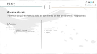 Síguenos en @apiaddicts
Permite utilizar schemas para el contenido de las peticiones / respuestas
documentation:
- title: introducción
content: !include
documentation/introduction.md
Definición
Documentación
RAML
introduction.md
# Requisitos legales
# Soporte
 
