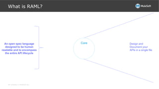 All contents © MuleSoft Inc.
Design and
Document your
APIs in a single file
An open spec language
designed to be human
readable and to encompass
the entire API lifecycle
Core
What is RAML?
 