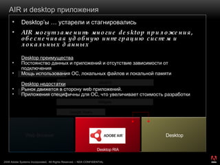 AIR  и  desktop  приложения Desktop’ ы  …  устарели и стагнировались AIR  могут заменить многие  desktop  приложения,   обеспечивая удобную интеграцию систем и локальных данных   Desktop  преимущества Постоянство данных и приложений и отсутствие зависимости от подключения Мощь использования   ОС ,  локальных файлов и локальной памяти Desktop  недостатки Рынок движется в сторону  web  приложений .  Приложения специфичны для ОС, что увеличивает стоимость разработки Web Browser Desktop Desktop RIA Google Gears Widgets JavaFX Silverlight Flash 