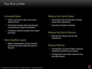The ROI of RIA Increased Sales Higher conversion rates, less online abandonment Increased average order size through cross-sell and up-sell visualization Increased customer loyalty drive repeat purchase More Qualified Leads Better understanding of your product and services help customers get to a decision Reduce the Cost of Sales Successful online transactions reduce direct sales interactions Accuracy of orders increases Reduce the Cost of Service Self-service reduces service rep interactions Reduce Returns Visualization of product helps customer understand what they are buying Configuration tools help customers buy the right product Revenue Expense 