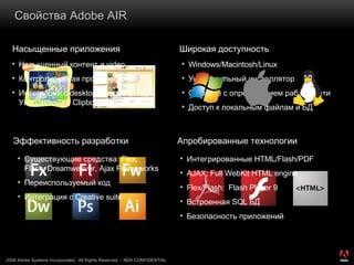 Свойства  Adobe AIR Насыщенные приложения Широкая доступность Эффективность разработки Апробированные технологии Насыщенный контент   и  video Контролируемая прозрачность Интеграция с  desktop (Drag and drop,  Уведомления , Clipboard) Windows/Macintosh/Linux Универсальный инсталлятор On/offline  с определением работы сети Доступ к локальным файлам и БД Существующие средства : Flex, Flash, Dreamweaver, Ajax Frameworks Переиспользуемый код Интеграция с  Creative suite Интегрированные  HTML/Flash/PDF AJAX: Full WebKit HTML engine Flex/Flash:  Flash Player 9 Встроенная  SQL  БД Безопасность приложений 