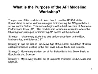 The purpose of this module is to learn how to use the API Calculation Spreadsheet to model various strategies for improving the API growth for a school and/or District.  This module begins with a brief overview of Academic Performance Index (API). This module also includes a simulation where the following four strategies for improving API scores will be modeled: Strategy 1:  Move every student up one performance level on the ELA, Mathematics, and Science CST. Strategy 2: Zap the Gap in Half. Move half of the current population of within each performance level up to the next level in ELA, Math, and Science. Strategy 3: Move every student out of Far Below Basic into Below Basic in ELA, Math, and Science. Strategy 4: Move every student out of Basic into Proficient in ELA, Math and Science. What is the Purpose of the API Modeling Workshop? 