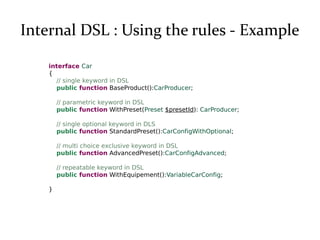 Internal DSL : Using the rules - Example
interface Car
{
// single keyword in DSL
public function BaseProduct():CarProduce...