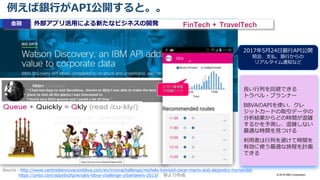 Source : http://www.centrodeinnovacionbbva.com/en/innovachallenge/michele-trevisiol-oscar-marin-and-alejandro-hernandez
https://prezi.com/sdpy6xzfgixe/qkly-bbva-challenge-urbanbeers-2013/ 等より作成
長い行列を回避できる
トラベル・プランナー
BBVAのAPIを使い、クレ
ジットカードの取引データの
分析結果からどの時間が混雑
するかを予測し、混雑しない
最適な時間を見つける
利用者は行列を避けて時間を
有効に使う最適な旅程を計画
できる
ビジネスカテゴリーとロケーション別の決済件数が
多い所ほど混雑しているとのアイディアに基づく
ピカソ美術館
の混雑ピーク
2017年5月24日銀行API公開
照会、支払、銀行からの
リアルタイム通知など
外部アプリ活用による新たなビジネスの開発金融
例えば銀行がAPI公開すると。。
© 2018 IBM Corporation
 