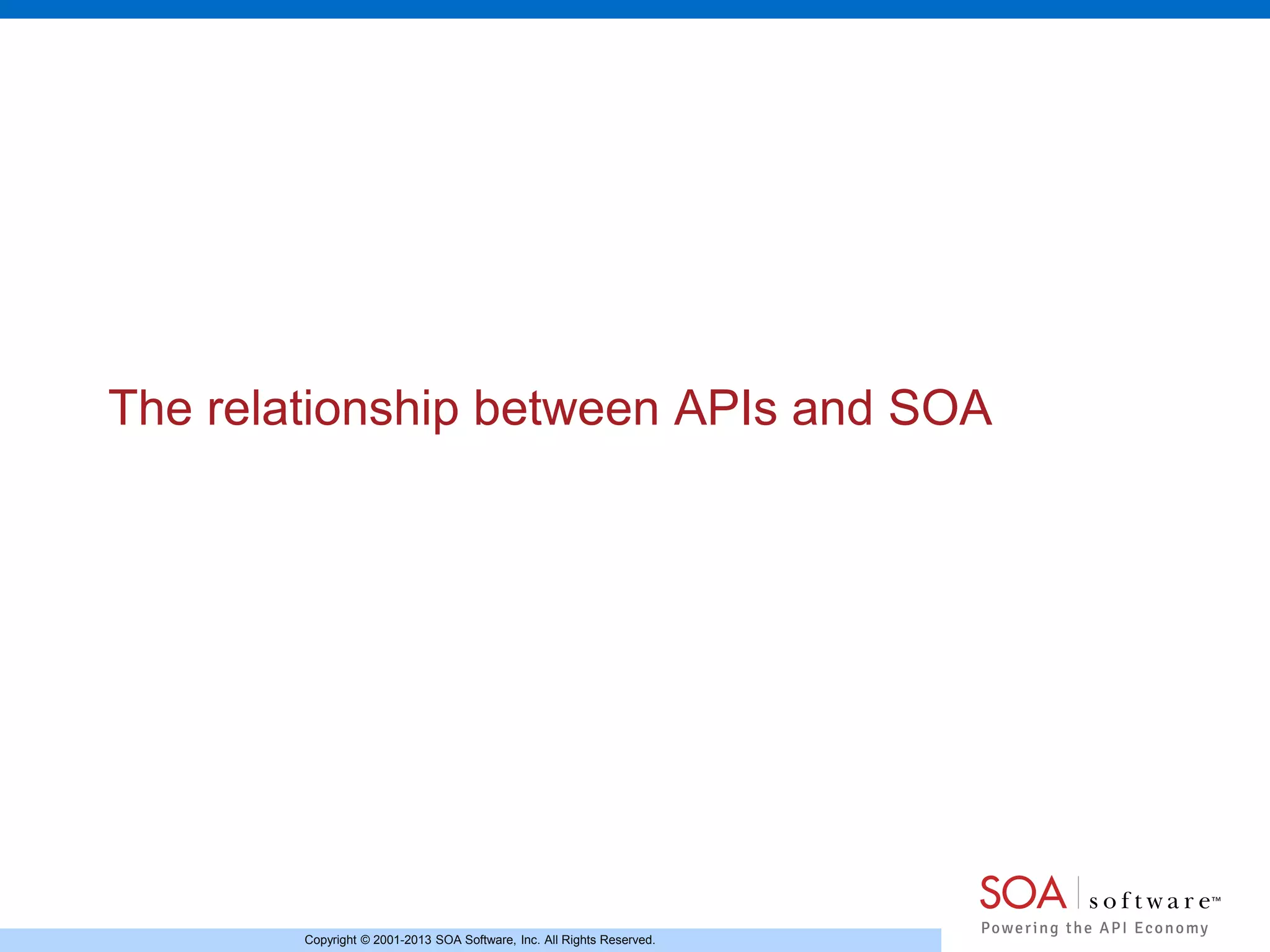 The relationship between APIs and SOA

Copyright © 2001-2013 SOA Software, Inc. All Rights Reserved.

 