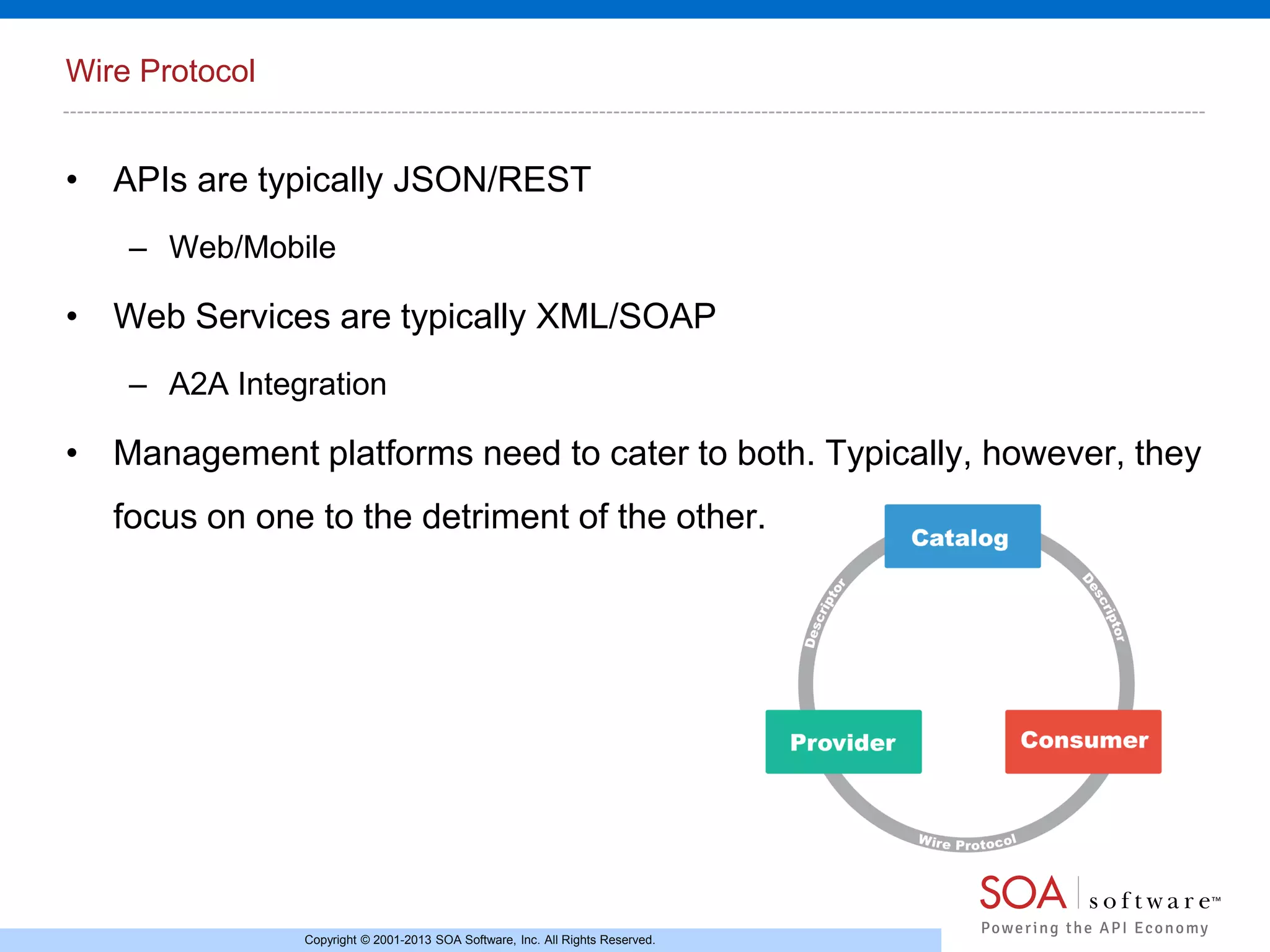 Wire Protocol

• APIs are typically JSON/REST
– Web/Mobile

• Web Services are typically XML/SOAP
– A2A Integration

• Management platforms need to cater to both. Typically, however, they
focus on one to the detriment of the other.

Copyright © 2001-2013 SOA Software, Inc. All Rights Reserved.

 