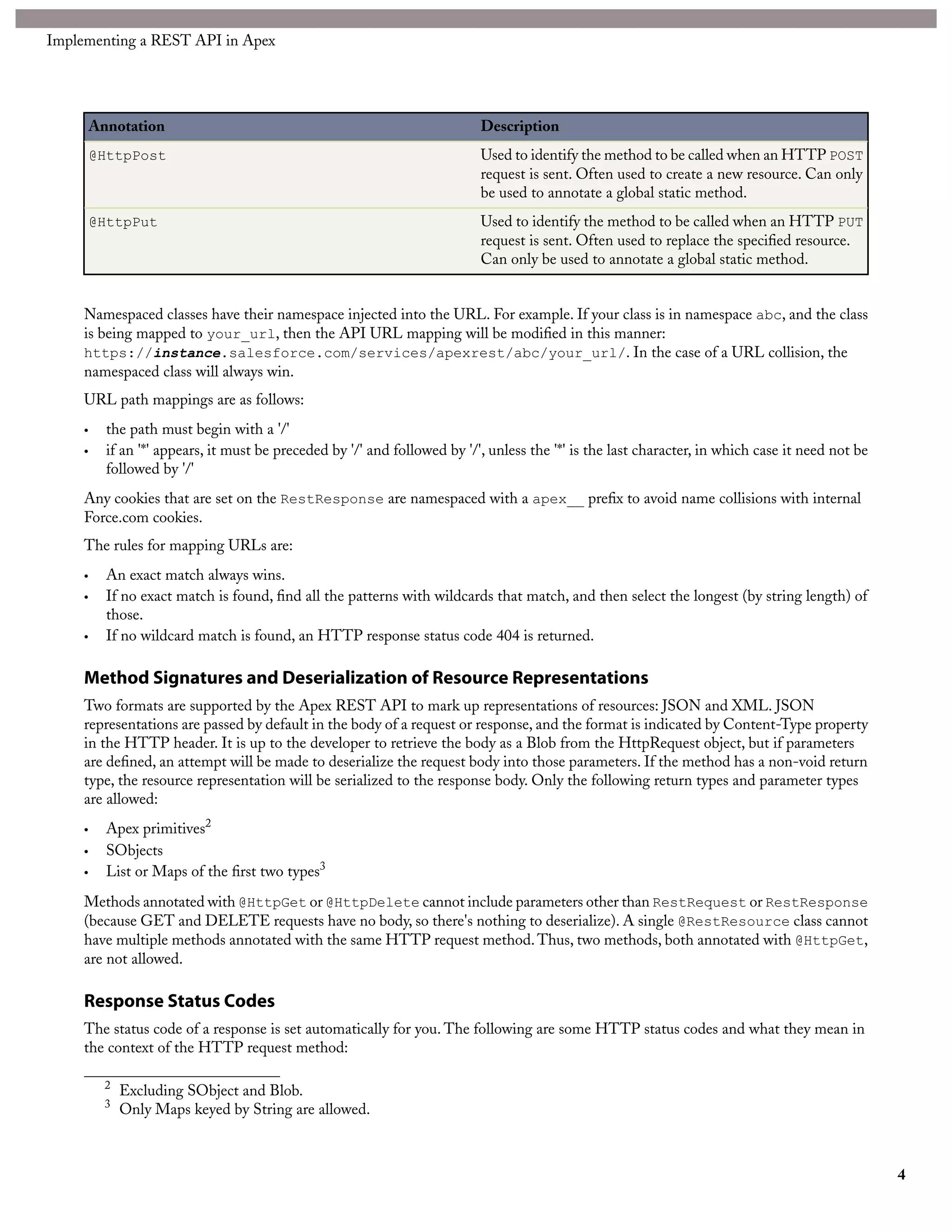 Implementing a REST API in Apex




         Annotation                                                         Description
         @HttpPost                                                          Used to identify the method to be called when an HTTP POST
                                                                            request is sent. Often used to create a new resource. Can only
                                                                            be used to annotate a global static method.
         @HttpPut                                                           Used to identify the method to be called when an HTTP PUT
                                                                            request is sent. Often used to replace the specified resource.
                                                                            Can only be used to annotate a global static method.


     Namespaced classes have their namespace injected into the URL. For example. If your class is in namespace abc, and the class
     is being mapped to your_url, then the API URL mapping will be modified in this manner:
     https://instance.salesforce.com/services/apexrest/abc/your_url/. In the case of a URL collision, the
     namespaced class will always win.
     URL path mappings are as follows:
     •     the path must begin with a '/'
     •     if an '*' appears, it must be preceded by '/' and followed by '/', unless the '*' is the last character, in which case it need not be
           followed by '/'
     Any cookies that are set on the RestResponse are namespaced with a apex__ prefix to avoid name collisions with internal
     Force.com cookies.
     The rules for mapping URLs are:
     •     An exact match always wins.
     •     If no exact match is found, find all the patterns with wildcards that match, and then select the longest (by string length) of
           those.
     •     If no wildcard match is found, an HTTP response status code 404 is returned.

     Method Signatures and Deserialization of Resource Representations
     Two formats are supported by the Apex REST API to mark up representations of resources: JSON and XML. JSON
     representations are passed by default in the body of a request or response, and the format is indicated by Content-Type property
     in the HTTP header. It is up to the developer to retrieve the body as a Blob from the HttpRequest object, but if parameters
     are defined, an attempt will be made to deserialize the request body into those parameters. If the method has a non-void return
     type, the resource representation will be serialized to the response body. Only the following return types and parameter types
     are allowed:
     •     Apex primitives2
     •     SObjects
     •     List or Maps of the first two types3
     Methods annotated with @HttpGet or @HttpDelete cannot include parameters other than RestRequest or RestResponse
     (because GET and DELETE requests have no body, so there's nothing to deserialize). A single @RestResource class cannot
     have multiple methods annotated with the same HTTP request method. Thus, two methods, both annotated with @HttpGet,
     are not allowed.

     Response Status Codes
     The status code of a response is set automatically for you. The following are some HTTP status codes and what they mean in
     the context of the HTTP request method:

           2
               Excluding SObject and Blob.
           3
               Only Maps keyed by String are allowed.



                                                                                                                                                   4
 