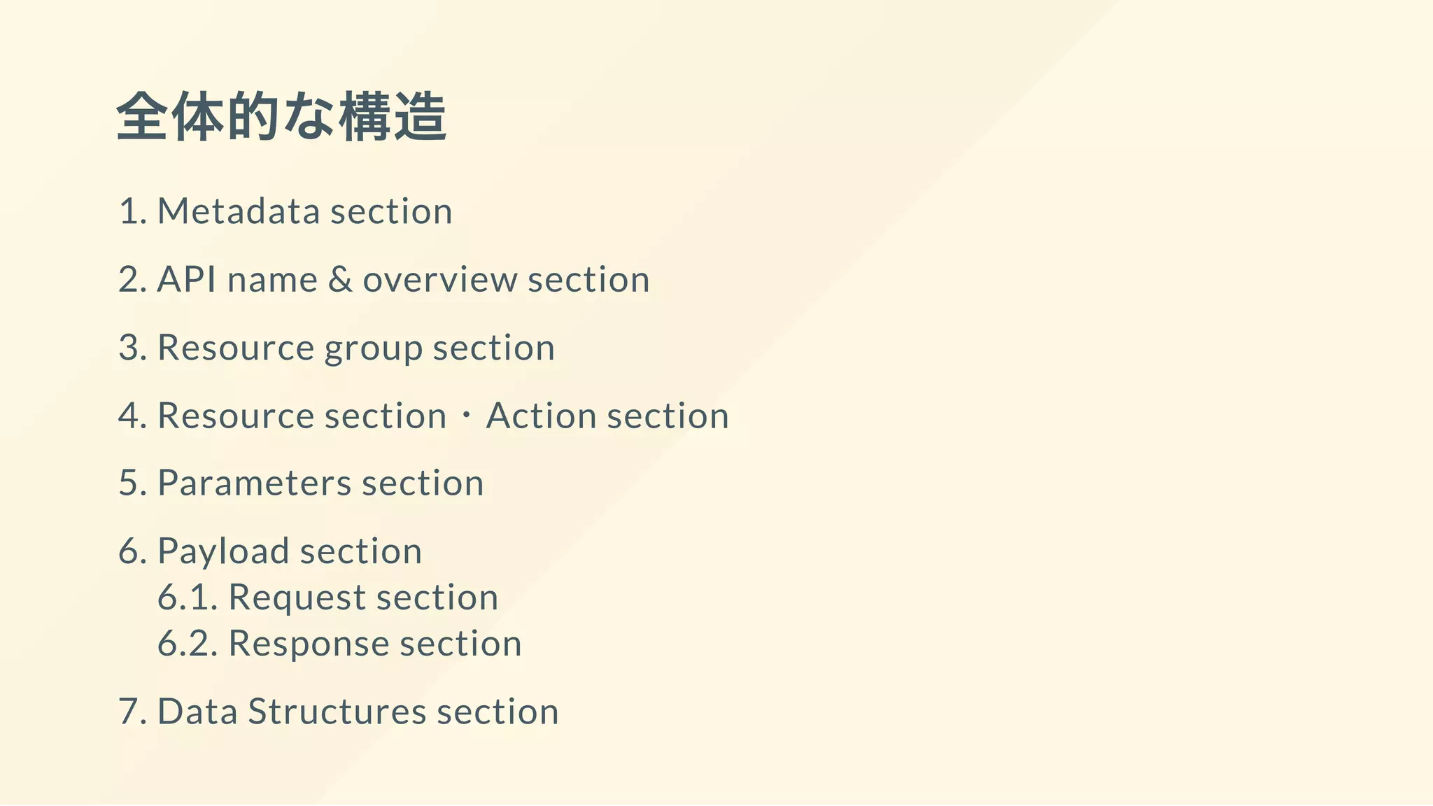 全体的な構造
1. Metadata section
2. API name & overview section
3. Resource group section
4. Resource section・Action section
5. Parameters section
6. Payload section
6.1. Request section
6.2. Response section
7. Data Structures section
 