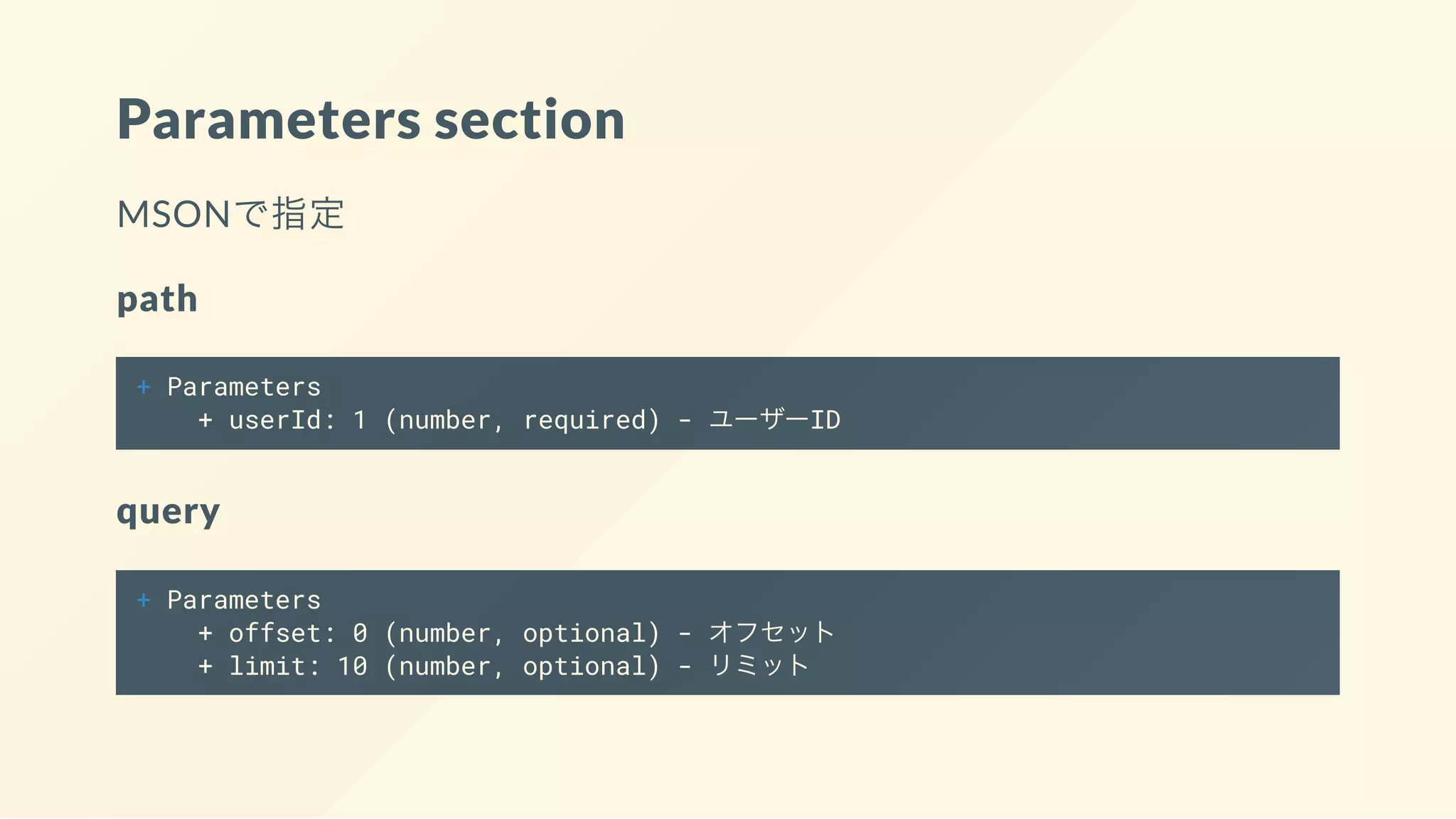 Parameters section
MSONで指定
path
+ Parameters
+ userId: 1 (number, required) - ユーザーID
query
+ Parameters
+ offset: 0 (number, optional) - オフセット
+ limit: 10 (number, optional) - リミット
 