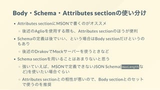 Body・Schema・Attributes sectionの使い分け
Attributes sectionにMSONで書くのがオススメ
後述のAglioを使用する際も、Attributes sectionのほうが便利
Schemaの定義は後でいい、という場合はBody sectionだけというの
もあり
後述のDrakovでMockサーバーを使うときなど
Schema sectionを用いることはあまりないと思う
強いていえば、MSONで定義できないJSON Schema( maxLength な
ど)を使いたい場合ぐらい
Attributes sectionとの相性が悪いので、Body sectionとのセット
で使うのを推奨
 