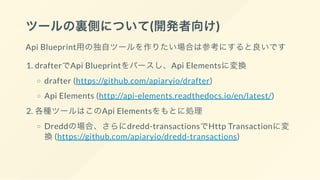 ツールの裏側について(開発者向け)
Api Blueprint用の独自ツールを作りたい場合は参考にすると良いです
1. drafterでApi Blueprintをパースし、Api Elementsに変換
drafter (https://github.com/apiaryio/drafter)
Api Elements (http://api-elements.readthedocs.io/en/latest/)
2. 各種ツールはこのApi Elementsをもとに処理
Dreddの場合、さらにdredd-transactionsでHttp Transactionに変
換(https://github.com/apiaryio/dredd-transactions)
 