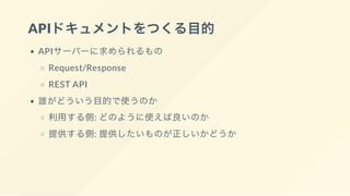 APIドキュメントをつくる目的
APIサーバーに求められるもの
Request/Response
REST API
誰がどういう目的で使うのか
利用する側: どのように使えば良いのか
提供する側: 提供したいものが正しいかどうか
 