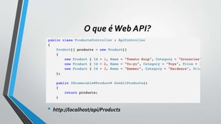 O que éWeb API?
• http://localhost/api/Products
 