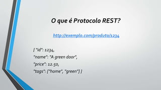 O que é Protocolo REST?
http://exemplo.com/produto/1234
{ "id": 1234,
"name": "A green door",
"price": 12.50,
"tags": ["home", "green"] }
 
