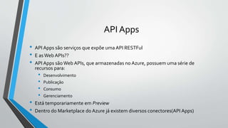 API Apps
• API Apps são serviços que expõe uma API RESTFul
• E asWeb APIs??
• API Apps sãoWeb APIs, que armazenadas no Azure, possuem uma série de
recursos para:
• Desenvolvimento
• Publicação
• Consumo
• Gerenciamento
• Está temporariamente em Preview
• Dentro do Marketplace do Azure já existem diversos conectores(API Apps)
 