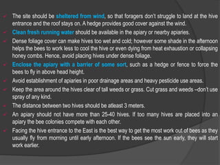  The site should be sheltered from wind, so that foragers don’t struggle to land at the hive
entrance and the roof stays on. A hedge provides good cover against the wind.
 Clean fresh running water should be available in the apiary or nearby apiaries.
 Dense foliage cover can make hives too wet and cold; however some shade in the afternoon
helps the bees to work less to cool the hive or even dying from heat exhaustion or collapsing
honey combs. Hence, avoid placing hives under dense foliage.
 Enclose the apiary with a barrier of some sort, such as a hedge or fence to force the
bees to fly in above head height.
 Avoid establishment of apiaries in poor drainage areas and heavy pesticide use areas.
 Keep the area around the hives clear of tall weeds or grass. Cut grass and weeds –don’t use
spray of any kind.
 The distance between two hives should be atleast 3 meters.
 An apiary should not have more than 25-40 hives. If too many hives are placed into an
apiary the bee colonies compete with each other.
 Facing the hive entrance to the East is the best way to get the most work out of bees as they
usually fly from morning until early afternoon. If the bees see the sun early, they will start
work earlier.
 