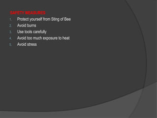 SAFETY MEASURES
1. Protect yourself from Sting of Bee
2. Avoid burns
3. Use tools carefully
4. Avoid too much exposure to heat
5. Avoid stress
 