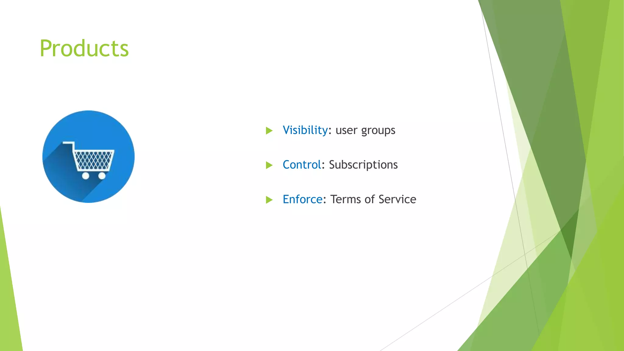 Products
 Visibility: user groups
 Control: Subscriptions
 Enforce: Terms of Service
 