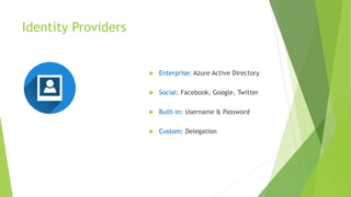Identity Providers
 Enterprise: Azure Active Directory
 Social: Facebook, Google, Twitter
 Built-in: Username & Password
 Custom: Delegation
 