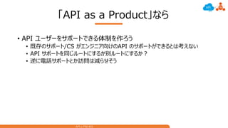 API x PM #01
「API as a Product」なら
• API ユーザーをサポートできる体制を作ろう
• 既存のサポート/CS がエンジニア向けのAPI のサポートができるとは考えない
• API サポートを同じルートにするか別ルートにするか？
• 逆に電話サポートとか訪問は減らせそう
 