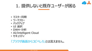 API x PM #01
1. 提供しないと既存ユーザーが困る
• マスター同期
• ワークフロー
• バックアップ
• UI 選択
• DWH・分析
• AI/Intelligent Cloud
• セキュリティ
「ブラウザ画面からコピペしろ」とは言えません。
 
