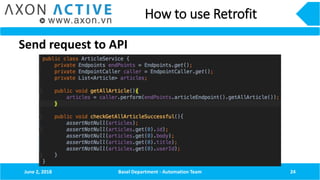 How to use Retrofit
Send request to API
June 2, 2018 Basel Department - Automation Team 24
 