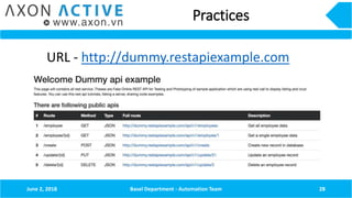 Practices
URL - http://dummy.restapiexample.com
June 2, 2018 Basel Department - Automation Team 28
 