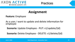 Practices
Feature: Employee
As a user, I want to update and delete information for
employee
Scenario: Update Employee - PUT: v1/update/{id}
Scenario: Delete Employee - DELETE: v1/delete/{id}
June 2, 2018 Basel Department - Automation Team 29
Assignment
 