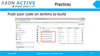 Practices
Push your code on Jenkins to build
June 2, 2018 Basel Department - Automation Team 31
 