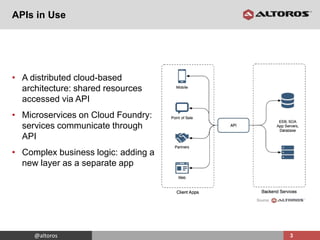 @altoros@altoros
APIs in Use
3
• A distributed cloud-based
architecture: shared resources
accessed via API
• Microservices...