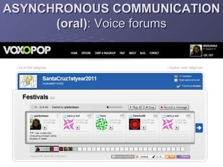 ASYNCHRONOUS COMMUNICATION
      (oral): Voice forums
 