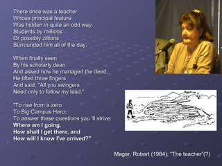 There once was a teacher
Whose principal feature
Was hidden in quite an odd way.
Students by millions
Or possibly zillions
Surrounded him all of the day.

When finally seen
By his scholarly dean
And asked how he managed the deed,
He lifted three fingers
And said, "All you swingers
Need only to follow my lead."

"To rise from a zero
To Big Campus Hero,
To answer these questions you 'Il strive:
Where am I going,
How shall I get there, and
How will I know I've arrived?"

                                            Mager, Robert (1984); “The teacher”(?)
 