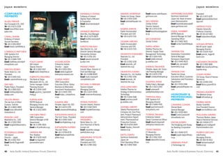 japan members                                                                                                                                                                                              japan members


corporate                                                                             kenneAlly, DonAl            niShiDA, noriMASA            Email osamu.saito@japan.      wATAnABe, kAzuhiDe            President
members                                                                               Embassy of Ireland          Toyoko-Inn Group, Owner      gartmore.com                  Gartmore Investment           Tel +81-3-3473-1678
                                                                                      Deputy Head of Mission      Tel +81-3-5703-1045                                        Japan Ltd, Head of Invest-    Email pgreenan@jitechnol-
Allen, Trevor                                                                         & Counsellor                Email nishida@toyoko-inn.    Seo, hiDeAki                  ment Administration           ogy.com
Ikon Europubs K.K., CEO                                                               Email donal.kenneally@      com                          Sundai School                 Email kazuhide.watanabe@
Tel +81-3-6273-2228                                                                   dfa.ie                                                   Director General              japan.gartmore.com            hATAno,yuzo
Email trevor@ikon-euro-                                                                                           nojiMA, ShinyA               Tel +81-3-3713-5735                                         Hakuho University
pubs.com                                                                              kenneDy, BreiFFini          Fujikin Incorporated         Email kseo@sundaigakuen.      wiehl, norBerT                Professor Emeritus
                                                                                      Bord Bia, Asia Manager      President and COO            ac.jp                         DEPFA Bank plc                Tel +81-50-1117-6811
CAhill, ShAne                                                                         Tel +86-21-6279-8829        Tel +81-6-6372-7141                                        General Manager & Chief       Email hatanohenri@ybb.
Embassy of Ireland                                                                    Email breiffini.kennedy@                                 Seo, kAnehiDe                 Operating Officer             ne.jp
Second Secretary                                                                      bordbia.ie                  ogAwA, hiroShi               Sundai School                 Tel +81-3-5402-9021
Tel +81-3-3263-8515                                                                                               Fujikin Incorporated                                       Email norbert.wiehl@depfa.    hogAn, PATriCk
Email shane.cahill@dfa.ie                                                             kiMoTo, TAkAShi             Chairman and CEO             ShiMA, hiDeki                 com                           Merrill Lynch Japan
                                                                                      Alps Electric Co., Ltd      Tel +81-6-6372-7141          Astellas Pharma Inc.                                        Managing Director
Connolly, MATThew                                                                     Director General Manager,                                Director, Supply Chain        yAMADA,yoji                   Tel +81-3-6225-7637
EIRE Systems K.K                                                                      Automotive Division         okAMoTo,yoShihiro            Management Technology         Kanematsu Corporation         Email patrick_hogan@
Managing Director                                                                     Tel +81-3-3726-1211         Okamoto Co., Ltd             Tel +81-3-3244-5151           General Manager,              baml.com
Tel +81-3-5484-7935                                                                   Email takashi.kimoto@       President                    Email hideki.shima@           Aerospace Department
Email matthew.connolly@       Foley, DiAne               hugheS, eDDie                jp.alps.com                 Tel +81-3-3762-1436          jp.astellas.com               Tel +81-3-5440-8523           kAzuhArA, TAkAnori
eiresystems.com               IDA Ireland                Enterprise Ireland                                       Email okamoto_y@                                           Email yoji_yamada@            Tel +81-3-3952-8681
                              Deputy Director            Director – Japan             MeAney, MArk                okamoto-kk.co.jp             ShinkAi, TAkAhiDe             kanematsu.co.jp               Email taka-kazuhara@mqc.
DAiCho, norio                 Tel +81-3-3262-7621        Tel +81-3-3263-0611          Conrad Tokyo, Director of                                Dimplex Japan Ltd, Corpo-                                   biglobe.ne.jp
Neriki Valve Co., Ltd         Email diane.foley@ida.ie   Email eddie.hughes@          Food and Beverage           okAMoTo, Fukiko              rate Planning Manager         yAMADA,yuki
President                                                enterprise-ireland.com       Tel +81-3-6388-8000         Okamoto Co., Ltd, Auditor    Tel +81-3-6272-3791           Toyoko-Inn Group              lynAM, MoirA
Tel +81-6-6491-5101           FujiMoTo,yASuhiro                                       Email mark.meaney@          Tel +81-3-3762-1436          Email t.shinkai@dimplex.jp    Executive Officer, Customer   Citi Group, Head of Human
Email n.daicho@neriki.co.jp   The Bank of Tokyo-         iChiDA, hiDeo                conradhotels.com            Email okamoto_f@                                           Satisfaction and Promotion    Resources
                              Mitsubishi UFJ Co., Ltd    ORIX Corporation                                         okamoto-kk.co.jp             SuleMAn, rAnA                 Department                    Tel +81-3-5454-4151
DAy, neil                     Senior manager, Global     Executive Officer, Global    MiChAel D. Merner                                        Paddy Foley’s, Manager        Tel +81-3-5703-1996           Email Moira.Lynam@Citi.
Paddy Foley’s, President      Planning Division          Business & Alternative       Tourism Ireland             ono, juniChiro               Tel +81-3-3423-2250           Email yamada@toyoko-inn.      com
Tel +81-3-3583-2021           Tel +81-3-3240-1440        Investment Headquarters      Managing Director           Astellas Pharma Inc.         Email suleman@                com
Email neil@paddyfoley         Email yasuhiro_fujimoto@   Tel +81-3-5403-7199          Tel +81-3-3225-0008         Strategy & Administration,   paddyfoleystokyo.com                                        MeehAn, AnDrew
stokyo.com                    mufg.jp                    Email hideo_ichida@orix.     Email mmerner@aviareps.     Technology                                                 honorary &                    The Meehan Group
                                                         co.jp                        com                         Tel +81-3-3244-5182          TiMMonS, PAul                 professional                  Email a@meehan.jp
Dillon, BriAn                 FuMiyA, Aoki                                                                        Email junichiro.ono@         EIRE Systems K.K              members
The law firm of Dillon        DEPFA Bank plc             kASAMA, Seiji                MiyAke, ToMoko              jp.astellas.com              Managing Director                                           MorriS, DAviD
Eustace, Solicitor            Managing Director and      Dimplex Japan Ltd, CEO       Tourism Ireland, Director                                Tel +81-3-5484-7935           CAnAvAn, Conor                Boston Scientific
Tel +81-3-6860-4885           General Manager            Tel +81-3-6272-3791          Tel +81-3-5367-6525         ooyABu, hiroMi               Email paul.timmons@           Shinsei Bank                  Vice-President Finance
Email brian.dillon@dil-       Tel +81-3-6212-2600        Email s.kasama@dimplex.jp    Email tmiyake@aviareps.     Takeda Pharmaceutical        eiresystems.com               General Manager               Email morrisd@bsci.com
loneustace.ie                                                                         com                         Company Ltd, Vice-Presi-                                   Tel +81-3-5293-6813
                              hAChijin, Mikio            kATSuMATA, keniChi                                       dent, Product Planning &     ToyAMA, TAkAShi               Email Conor.Canavan@          MulligAn, gerArD
engliSh, liAM                 SMK Corporation            The Irish Times, President   nAkAgAwA,                   Administration Depart-       Enterprise Ireland            shinseibank.com               Thomson Reuters Japan
Bluemetrix Inc., CEO          General Manager of HR      Tel +81-3-3500-0200          MASAhiko                    ment, Pharmaceutical         Senior Commercial Officer                                   Head of Technical Services
Tel +81-3-5350-3953           Department                 Email ken@gkdining.co.jp     Neriki Valve Co., Ltd       Production Division          Email takashi.toyama@         Dwyer, joSePh                 Tel +81-3-6904-2777
Email lenglish@bluemetrix.    Tel +81-3-3785-4655                                     Vice-Chairman of Neriki     Tel +81-6-6204-2605          enterprise-ireland.com        The Hongkong and Shang-       Email gerard.mulligan@
com                           Email m-8-jin@smk.co.jp    kATSuMATA, kuMiko            Europe Ltd                  Email Ooyabu_Hiromi@                                       hai Banking Corporation       thomsonreuters.com
                                                         The Irish Times              Email masahiko-nakaga-      takeda.co.jp                 TSukii, TAkeShi               Ltd
FiTzgerAlD, Derek             hAyAShi, rie               Tel +81-3-5758-8735          wa@s8.dion.ne.jp                                         CT Brand Inc.                 Tel +81-3-3548-5275           MurPhy, DeClAn
IDA Ireland                   Parc Aviation              Email kkatsumata@mta.                                    SAiTo, oSAMu                 Managing Director             Email joseph.dwyer@hsbc.      InterFrontia
Director – Japan              Tel +81-3-5276-5425        globe.ne.jp                  nAkAMurA, TeTSuyA           Gartmore Investment          Tel +81-3-3552-9315           co.jp                         Managing Director
Tel +81-3-3262-7621           Email rie.hayashi@                                      SMK Corporation             Japan Ltd                    Email takeshi@ct-brand.                                     Tel +81-564-55-8112
Email Derek.Fitzgerald@       parcaviation.aero                                       President and COO           Chief Operating Officer      com                           greenAn, PhiliP               Email declanmurphy@
ida.ie                                                                                Tel +81-3-3785-1062         Tel +81-3-3593-9183                                        JI Technology Ltd             frontia.co.jp


40    Asia Pacific Ireland Business Forum Directory                                                                                                                      Asia Pacific Ireland Business Forum Directory              41
 