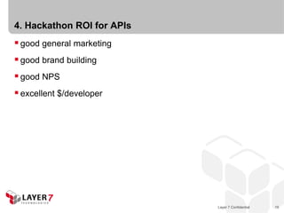 4. Hackathon ROI for APIs
 good general marketing
 good brand building
 good NPS
 excellent $/developer




                            Layer 7 Confidential   19
 