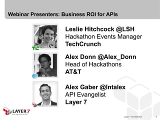 Webinar Presenters: Business ROI for APIs

                     Leslie Hitchcock @LSH
                     Hackathon Events Manager
                     TechCrunch

                     Alex Donn @Alex_Donn
                     Head of Hackathons
                     AT&T

                     Alex Gaber @Intalex
                     API Evangelist
                     Layer 7

                                            Layer 7 Confidential   3
 